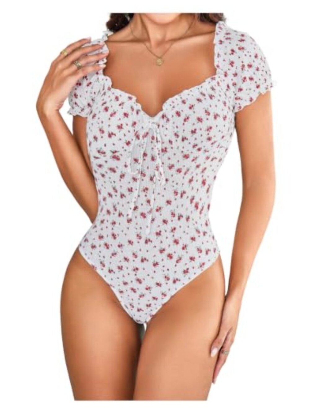 Boho Floral Bodysuit Tie Front Puff Sleeve Sweetheart Neck
